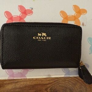 Coach mini double Zip Black Leather Wallet with Gold Logo